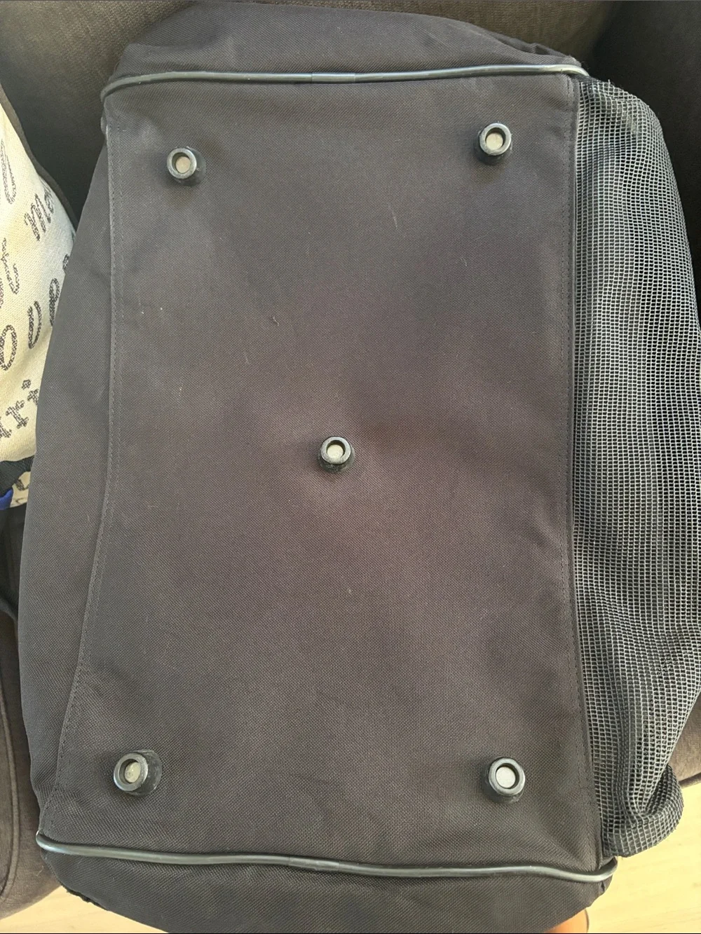 Jeep blue and black duffel bag with front mesh pocket.